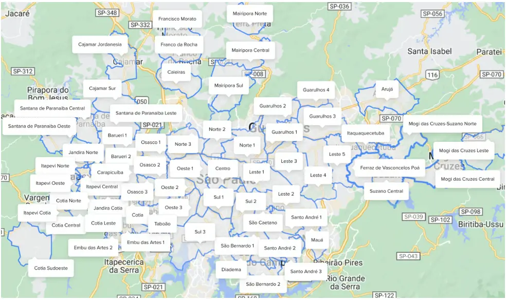 Mapa da cobertura da Geração Courrier na Região Flex de São Paulo